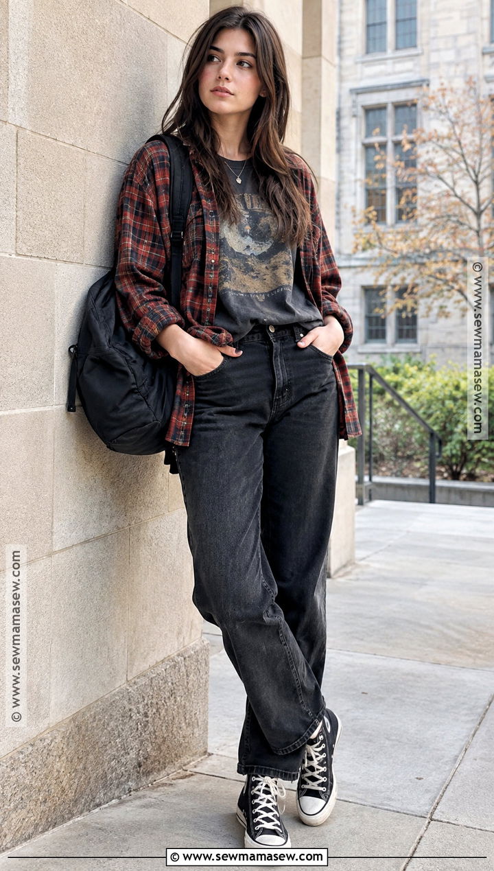 Band Tee And Plaid Shirt 1990s Grunge School Outfit - 15 back to school vintage outfits