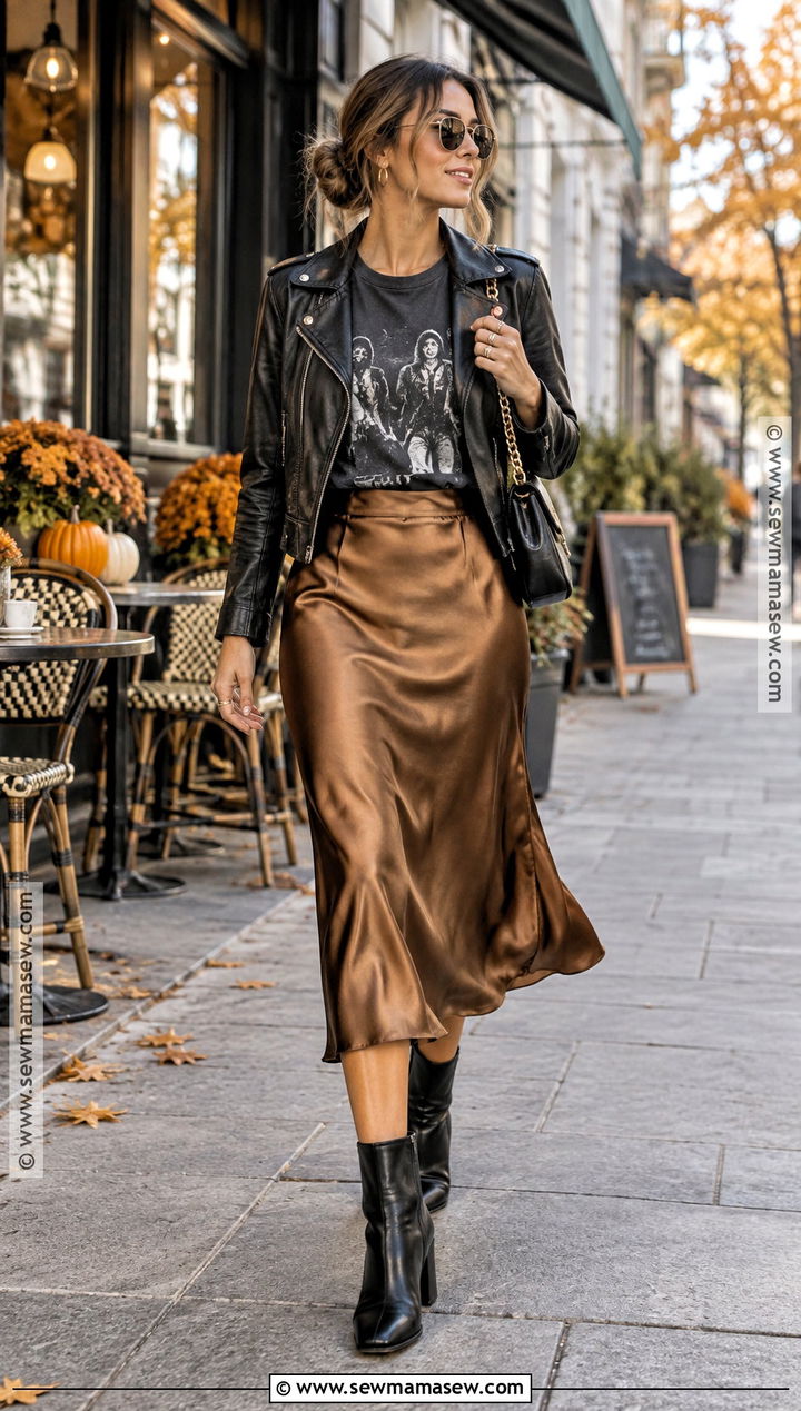 Band Tee And Satin Midi Skirt Autumn Rock Outfit - 20 autumn rock outfit ideas