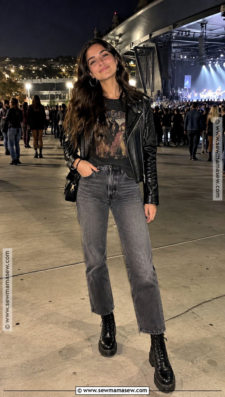 Band Tee Leather Jacket Jeans Concert Outfit - 15 Fall Concert Outfit Night Outside Ideas