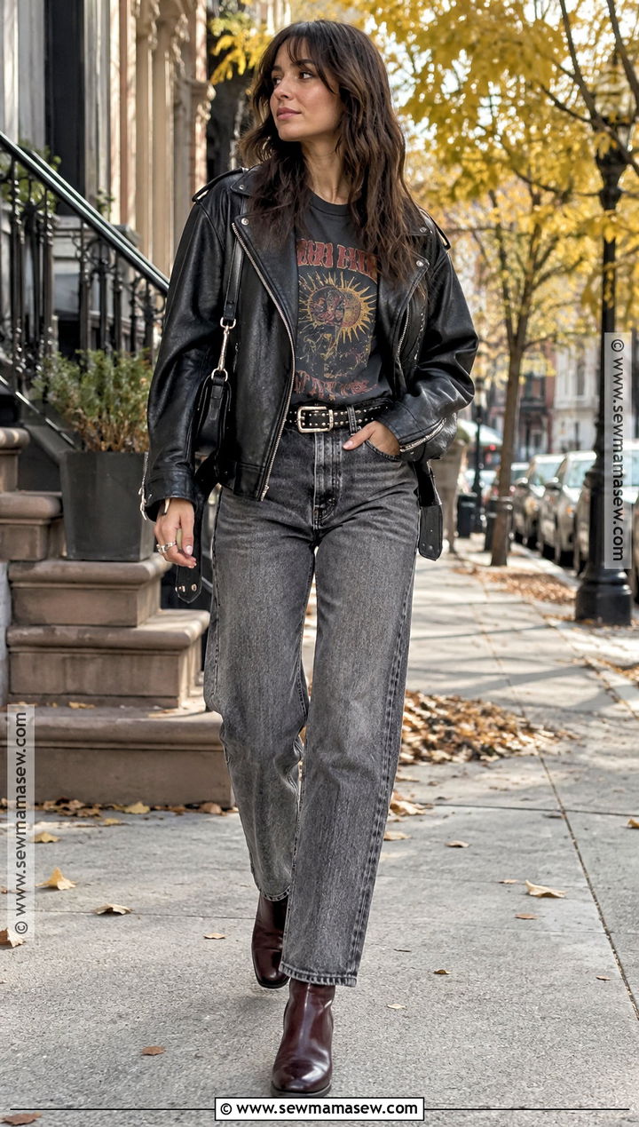 Band Tee and Leather Jacket Fall Grunge Outfit - 15 cute fall grunge outfits