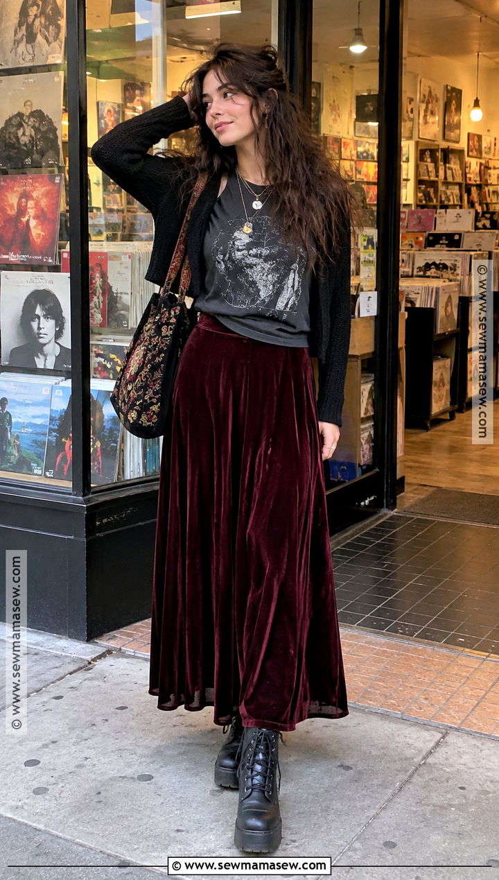 Band Tee and Velvet Maxi Skirt Whimsigoth Fall Outfit - 25 whimsigoth fall outfits