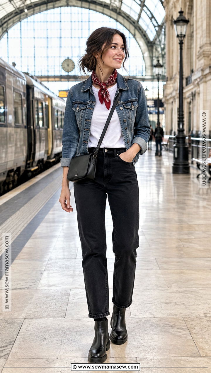 Bandana Scarf With Denim Jacket And Black Pants - 25 fall scarf ideas