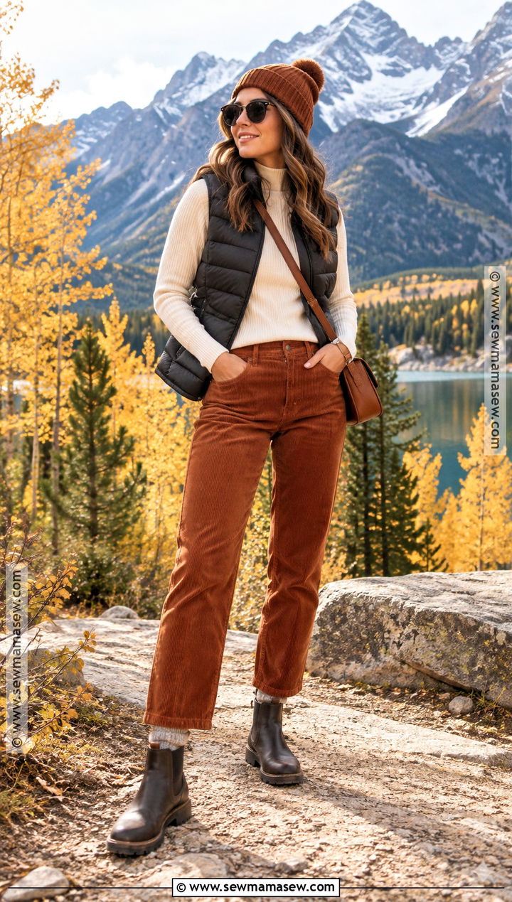 Banff Fall Outfit With Corduroy Pants And Puffer Vest - 20 banff outfit fall ideas