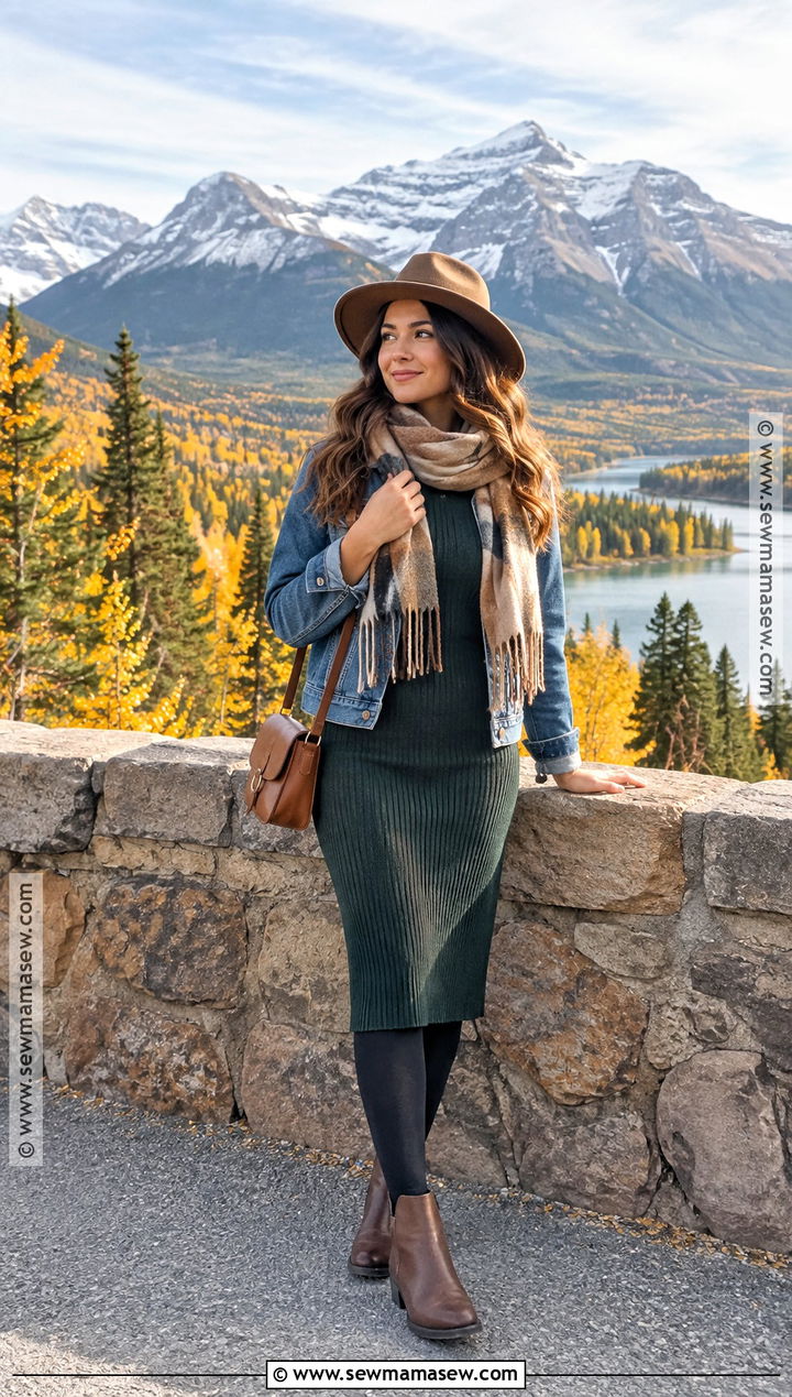 Banff Fall Outfit With Denim Jacket And Knit Dress - 20 banff outfit fall ideas