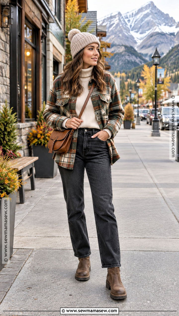 Banff Fall Outfit With Plaid Shacket And Jeans - 20 banff outfit fall ideas