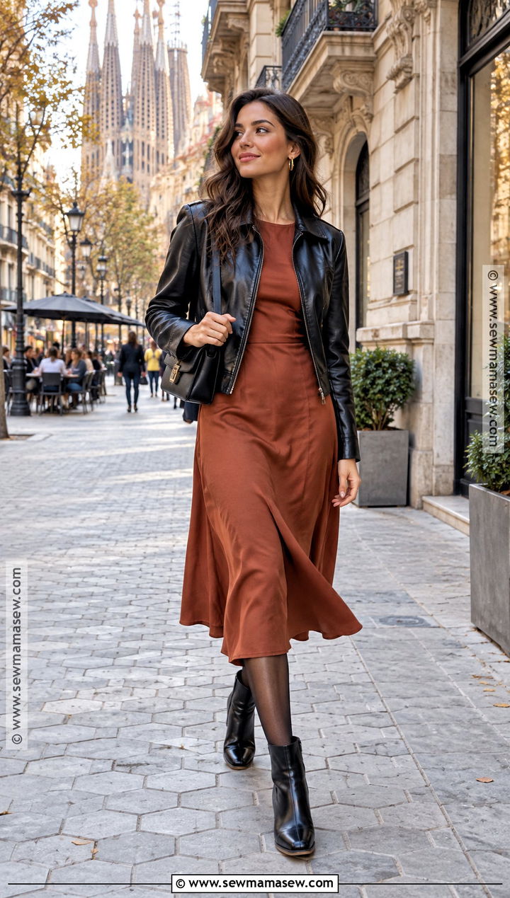 Barcelona Fall Leather Jacket And Midi Dress Outfit - 20 barcelona fall outfits