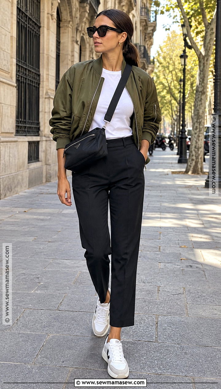 Barcelona Fall Outfit With Bomber Jacket And Black Pants - 25 spain fall outfits
