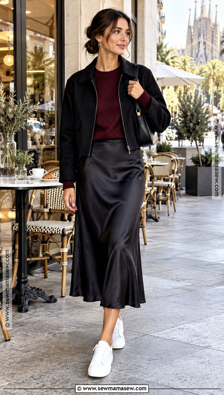 Barcelona October Sweater and Satin Midi Skirt Outfit - 20 Barcelona October Outfit Ideas
