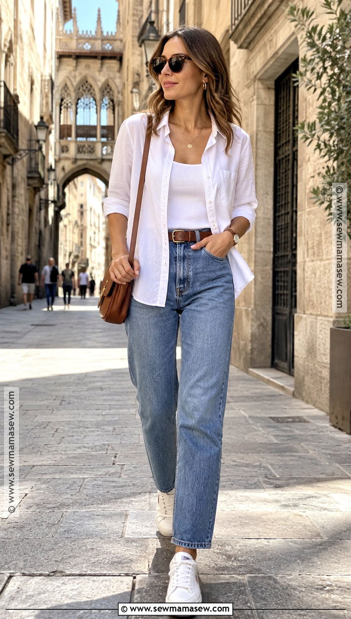 Barcelona October White Shirt and Blue Jeans Outfit - 20 Barcelona October Outfit Ideas