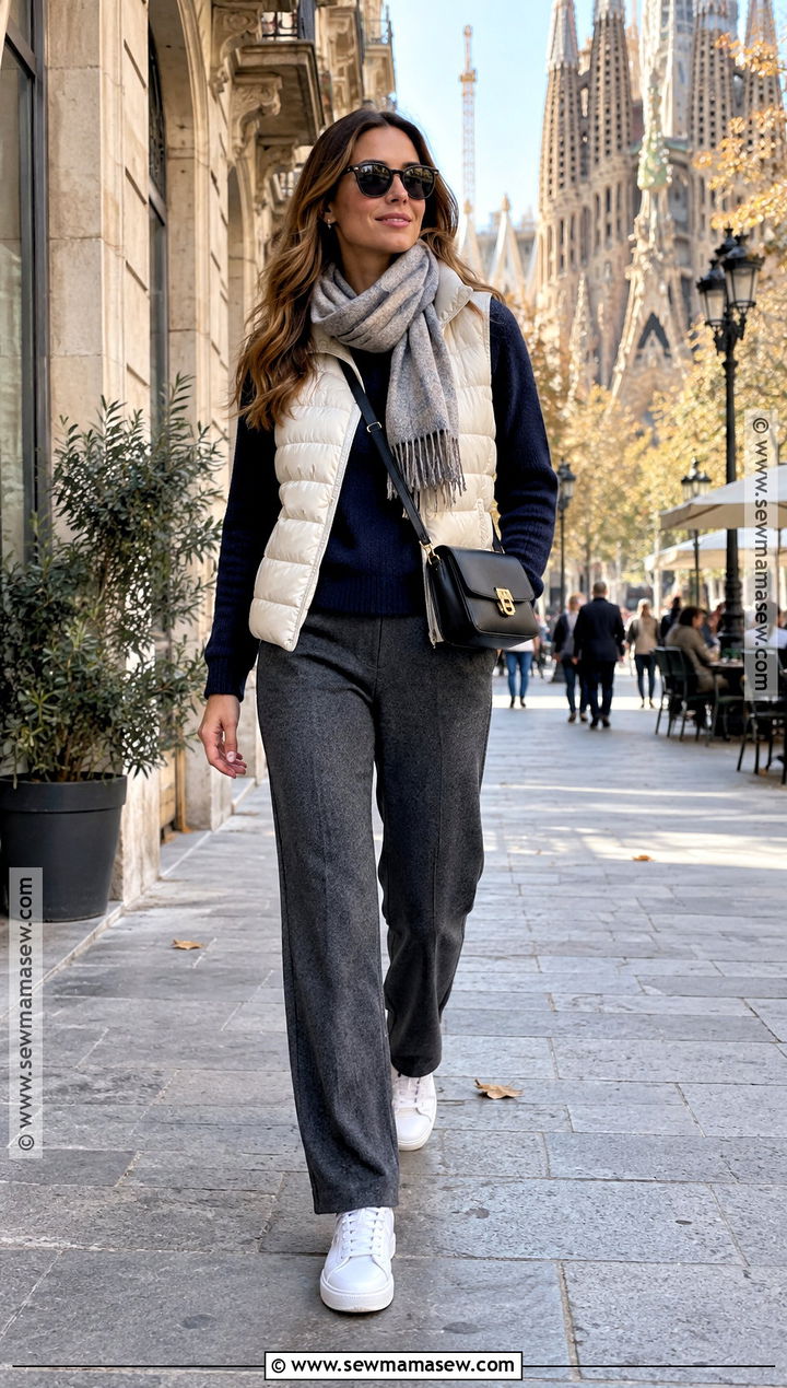 Barcelona Puffer Vest And Knit Pants Outfit - 20 Barcelona In November Outfits