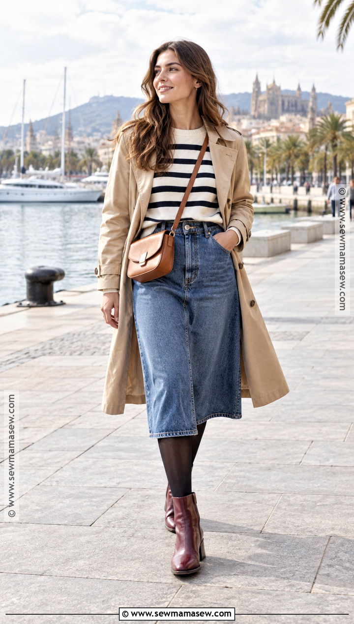 Barcelona Striped Sweater And Denim Skirt Outfit - 20 Barcelona In November Outfits