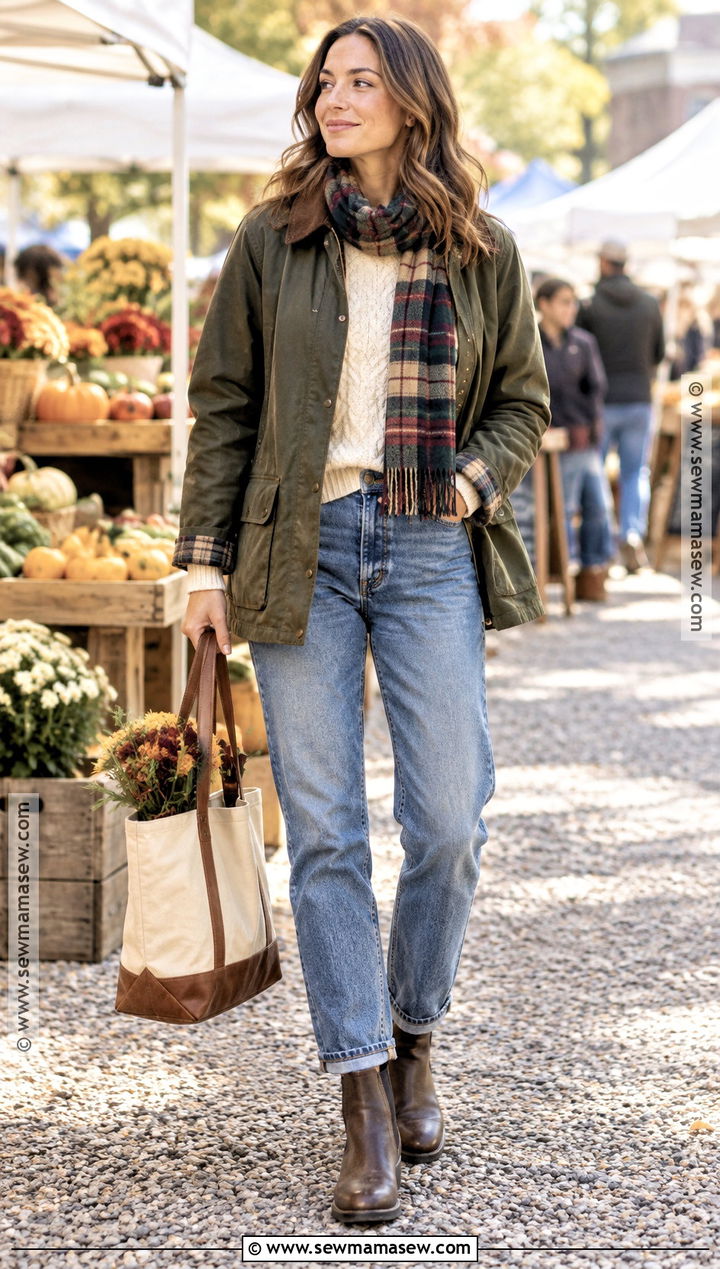 Barn Coat With Cable Knit And Jeans - 20 autumn outfits coat