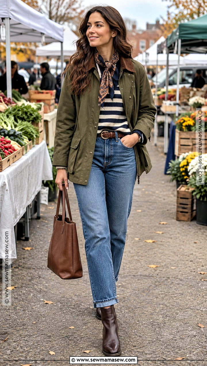 Barn Coat With Striped Sweater And Jeans - 15 Fall Coats for Women 2026