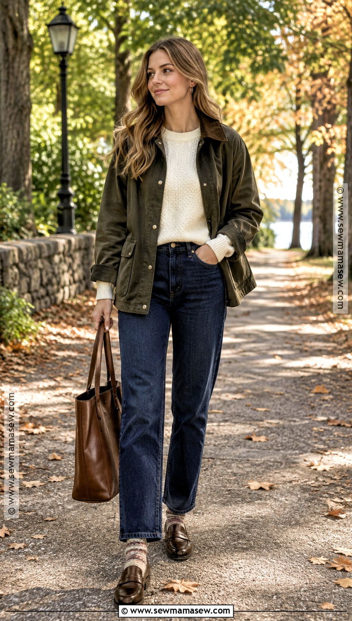 Barn Jacket And Crewneck Sweater Fall Outfit - 25 easy fall outfits casual