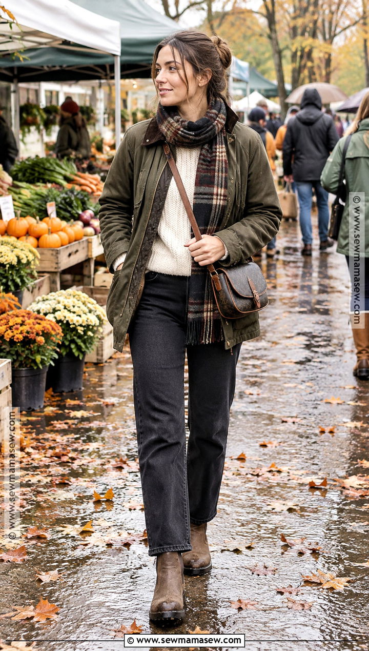 Barn Jacket And Dark Jeans Rainy Autumn Outfit - 20 rainy day autumn outfit ideas