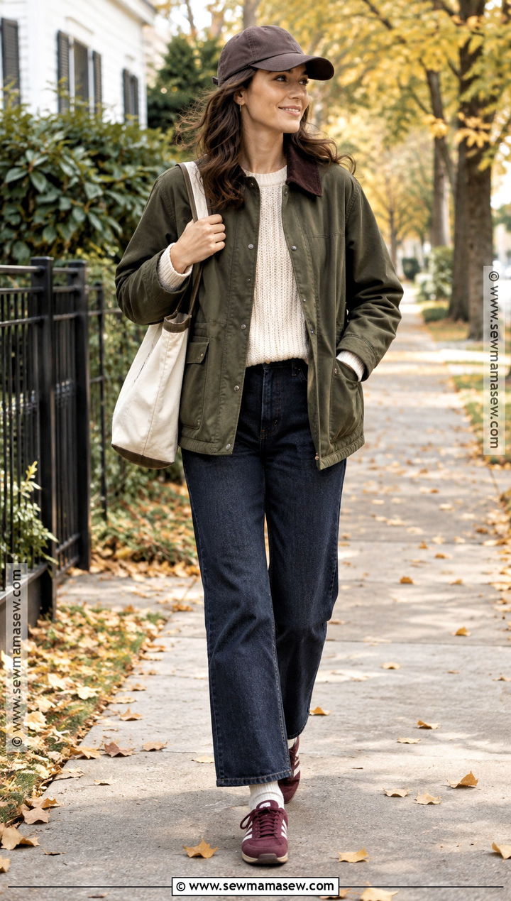 Barn Jacket And Dark Jeans With Low Profile Sneakers - 15 fall outfit inspiration with sneakers
