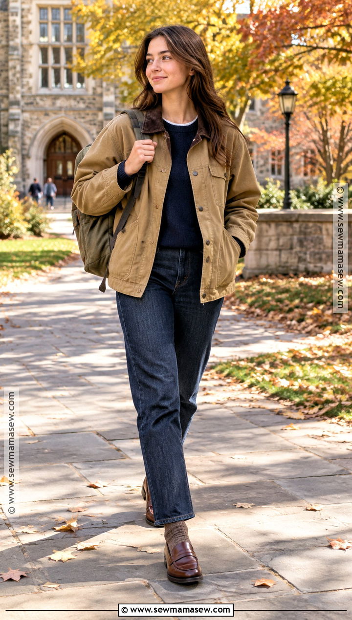 Barn Jacket And Dark Wash Jeans Fall School Outfit - 25 fall outfit inspo for school ideas