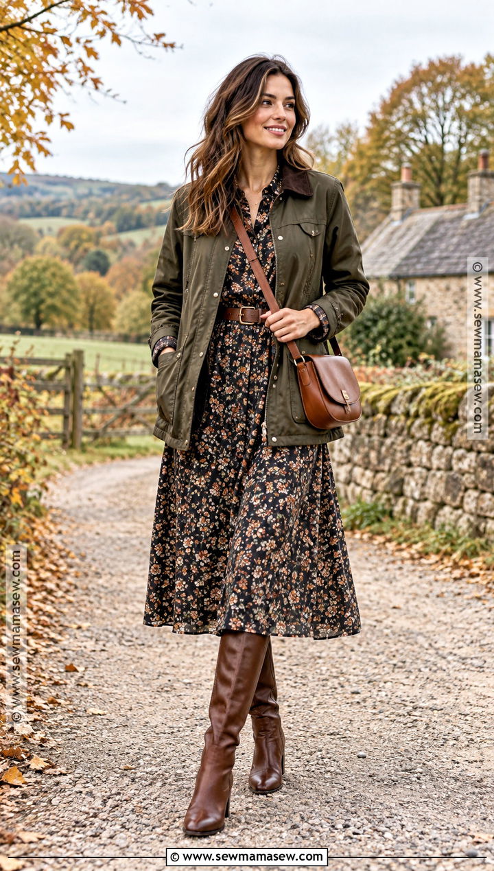 Barn Jacket And Floral Midi Dress Outfit - 15 fashion for fall ideas 2026