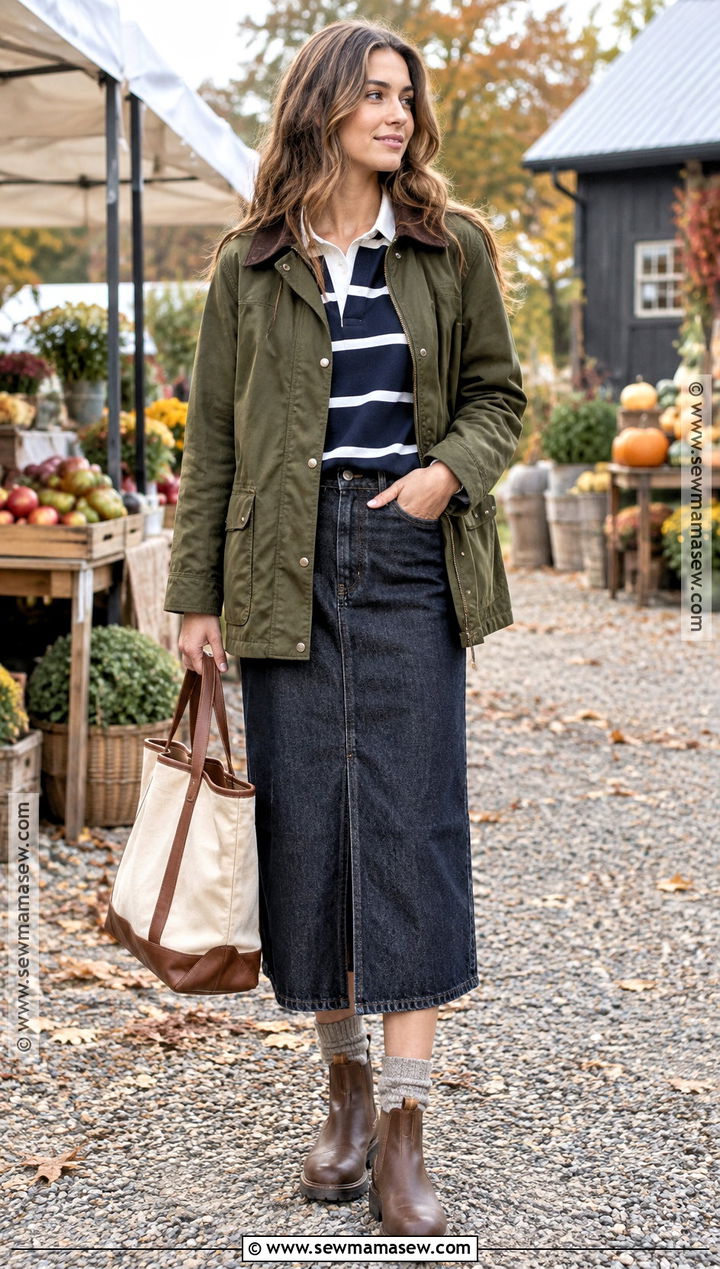 Barn Jacket And Midi Jean Skirt Outfit - 20 midi jean skirt outfits fall