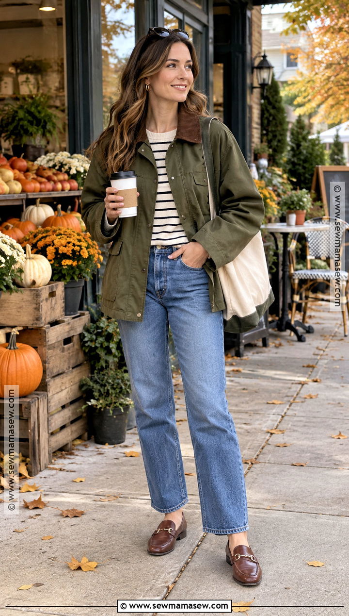Barn Jacket And Relaxed Jeans Coffee Outfit - 20 Fall Coffee Outfit Ideas
