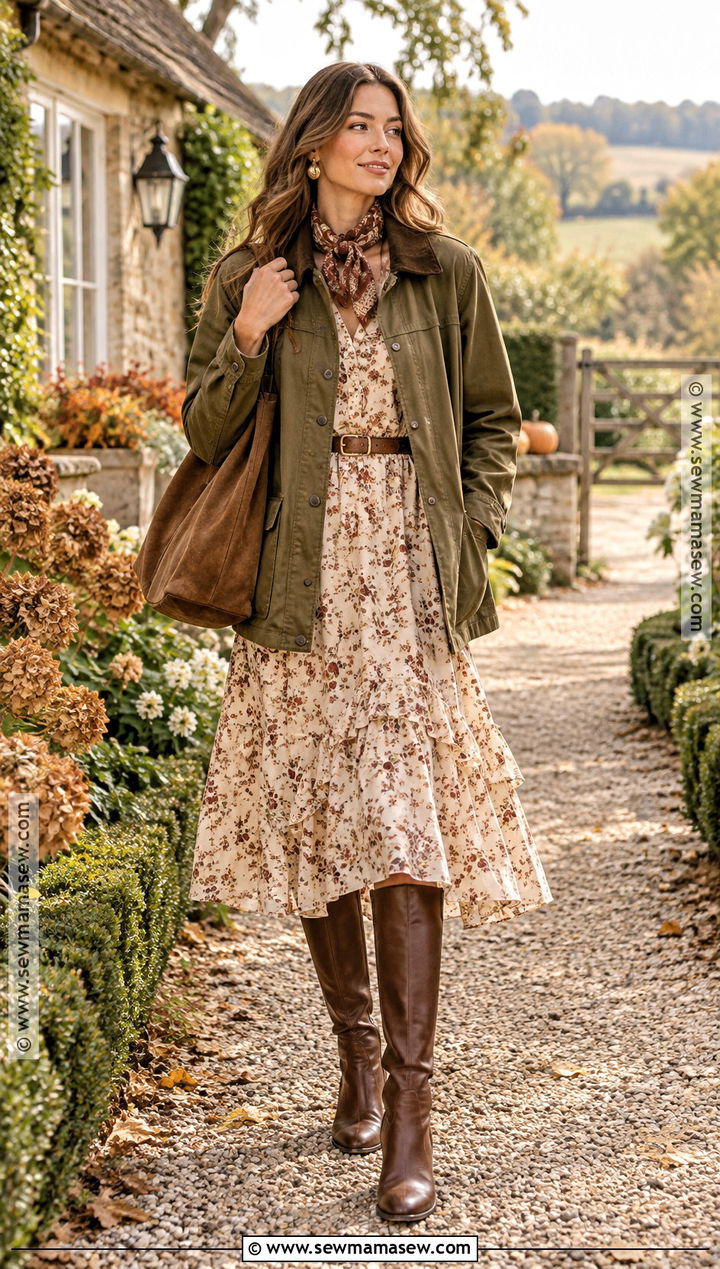 Barn Jacket And Ruffle Dress Fall Outfit - 20 fall girly outfits