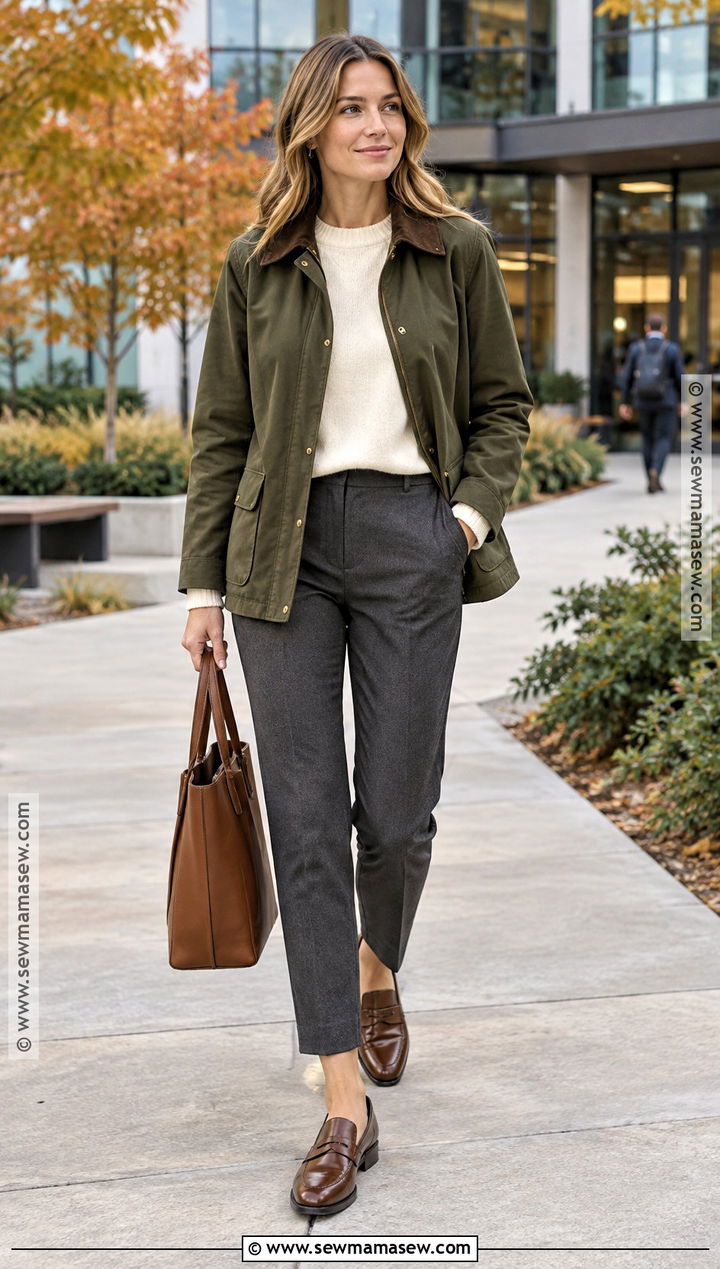 Barn Jacket And Tailored Trousers Fall Work Outfit - 25 fall work outfit ideas