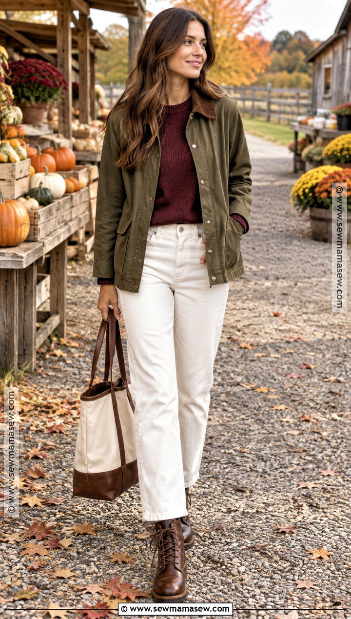 Barn Jacket And White Jeans Autumn Outfit - 25 white pants outfit autumn