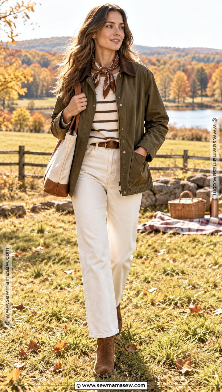Barn Jacket And White Jeans Fall Picnic Outfit - 25 fall picnic outfit ideas