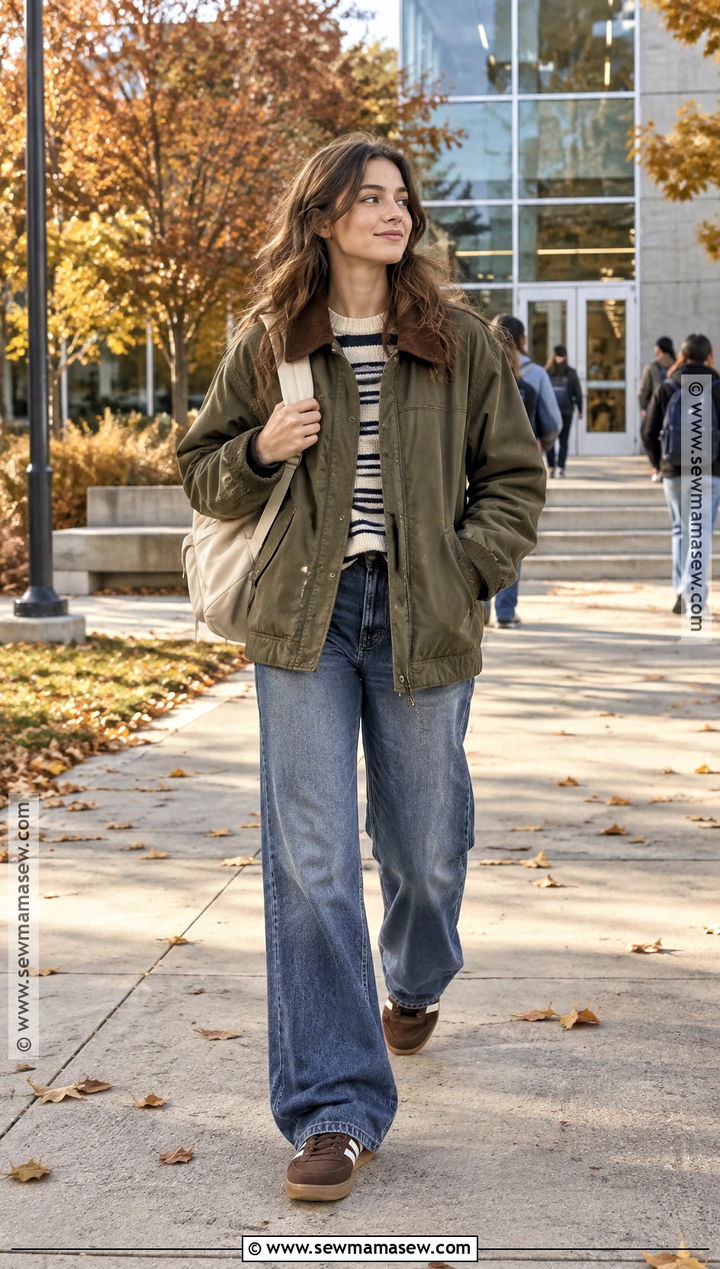 Barn Jacket And Wide Leg Jeans Fall School Outfit - 15 Cute Fall Outfits For School Casual