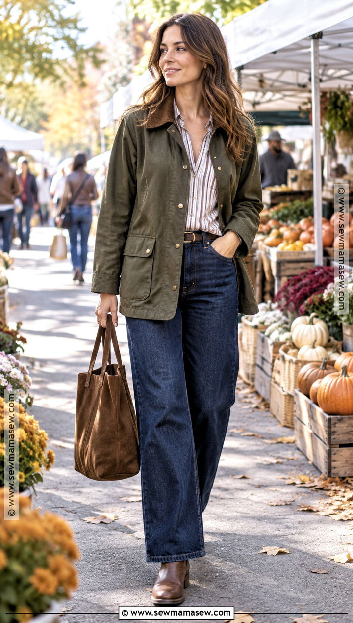 Barn Jacket And Wide Leg Jeans Outfit - 15 autumn street style ensemble ideas