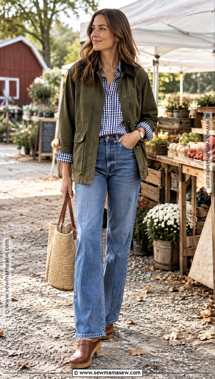Barn Jacket Gingham Shirt And Jeans Fall Outfit - 20 Fall Outfit Collage Ideas