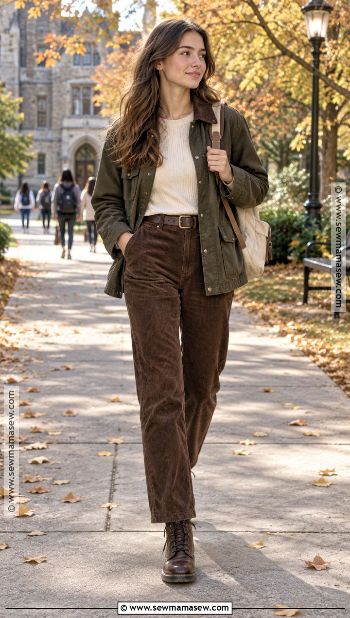 Barn Jacket Knit Top And Corduroy Pants School Outfit - 15 casual school fall outfits