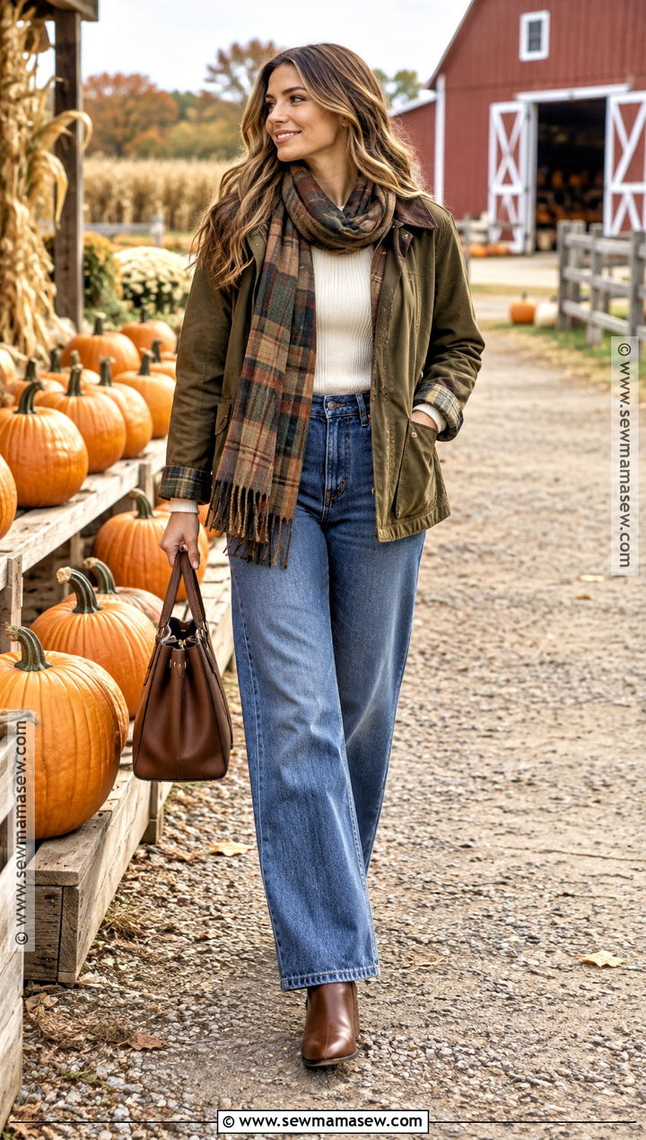 Barn Jacket Pumpkin Patch Outfit With Wide Leg Jeans - 25 pumpkin patch outfit ideas for women