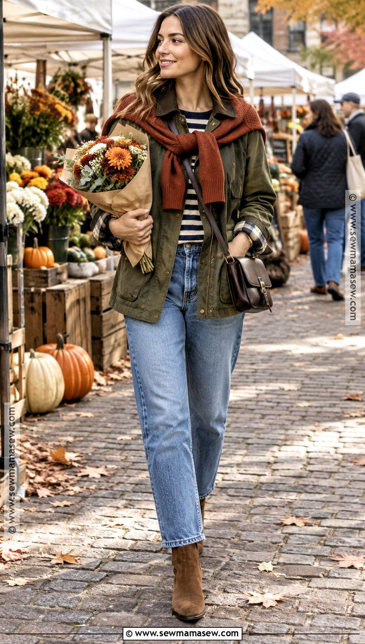 Barn Jacket Striped Shirt and Jeans Fall Outfit - 15 layer outfits fall