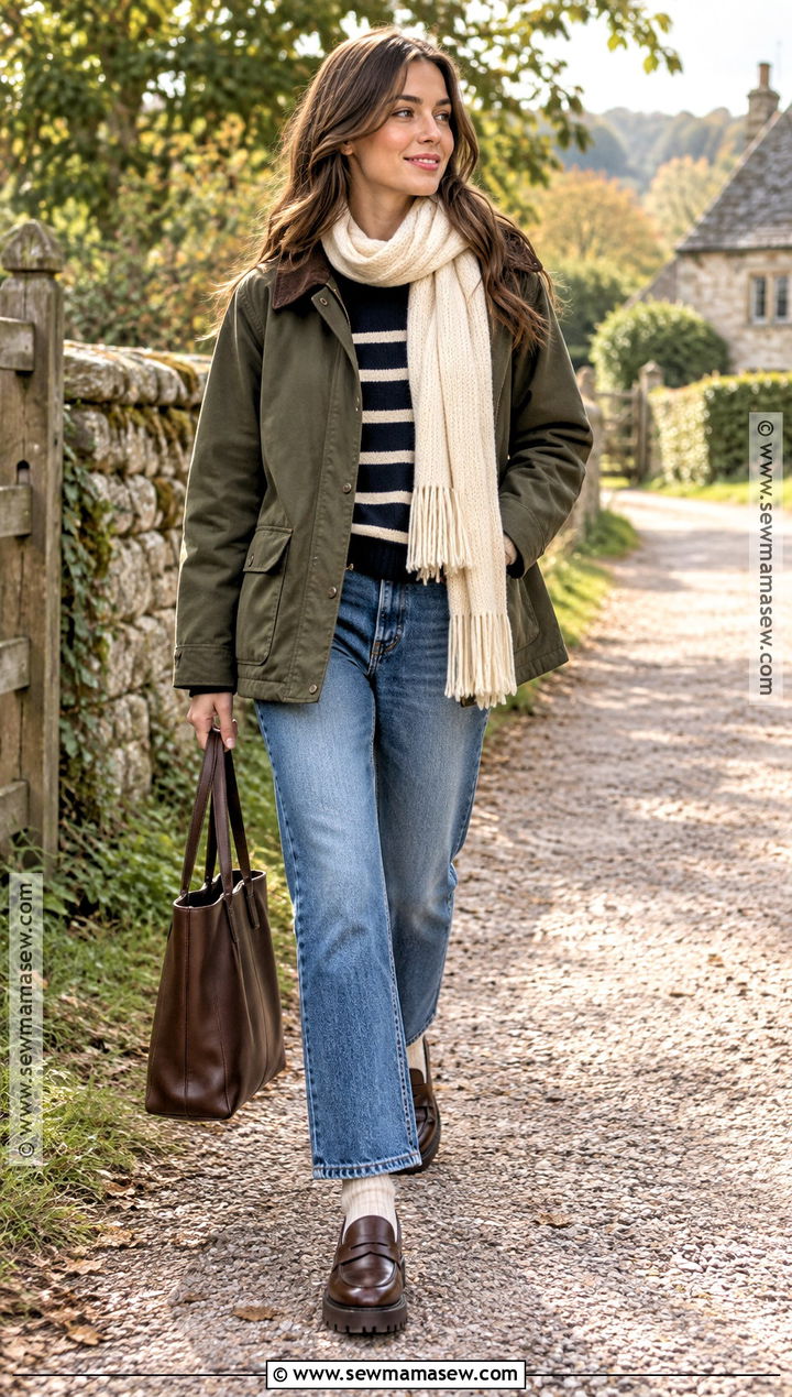 Barn Jacket Striped Sweater Jeans and Loafers - 20 cold fall day outfit ideas