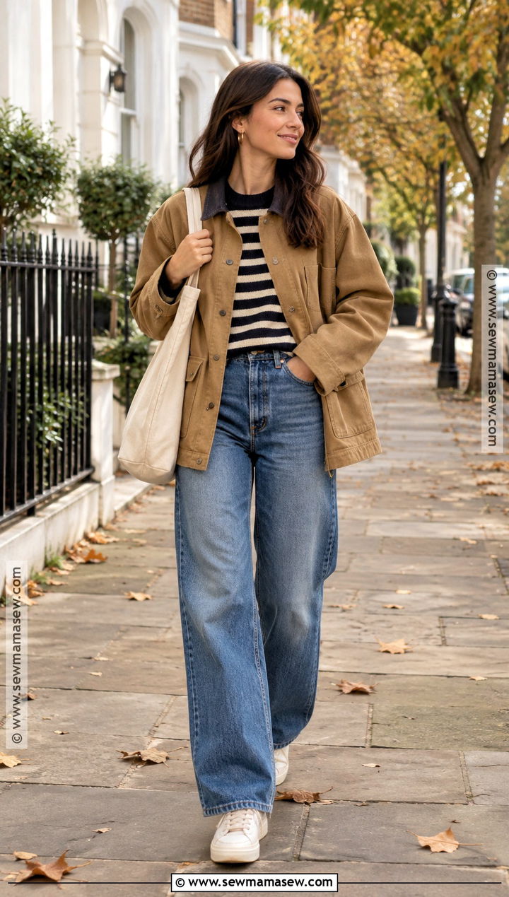 Barn Jacket Striped Sweater and Wide Leg Jeans UK Autumn Outfit - 20 uk autumn outfits