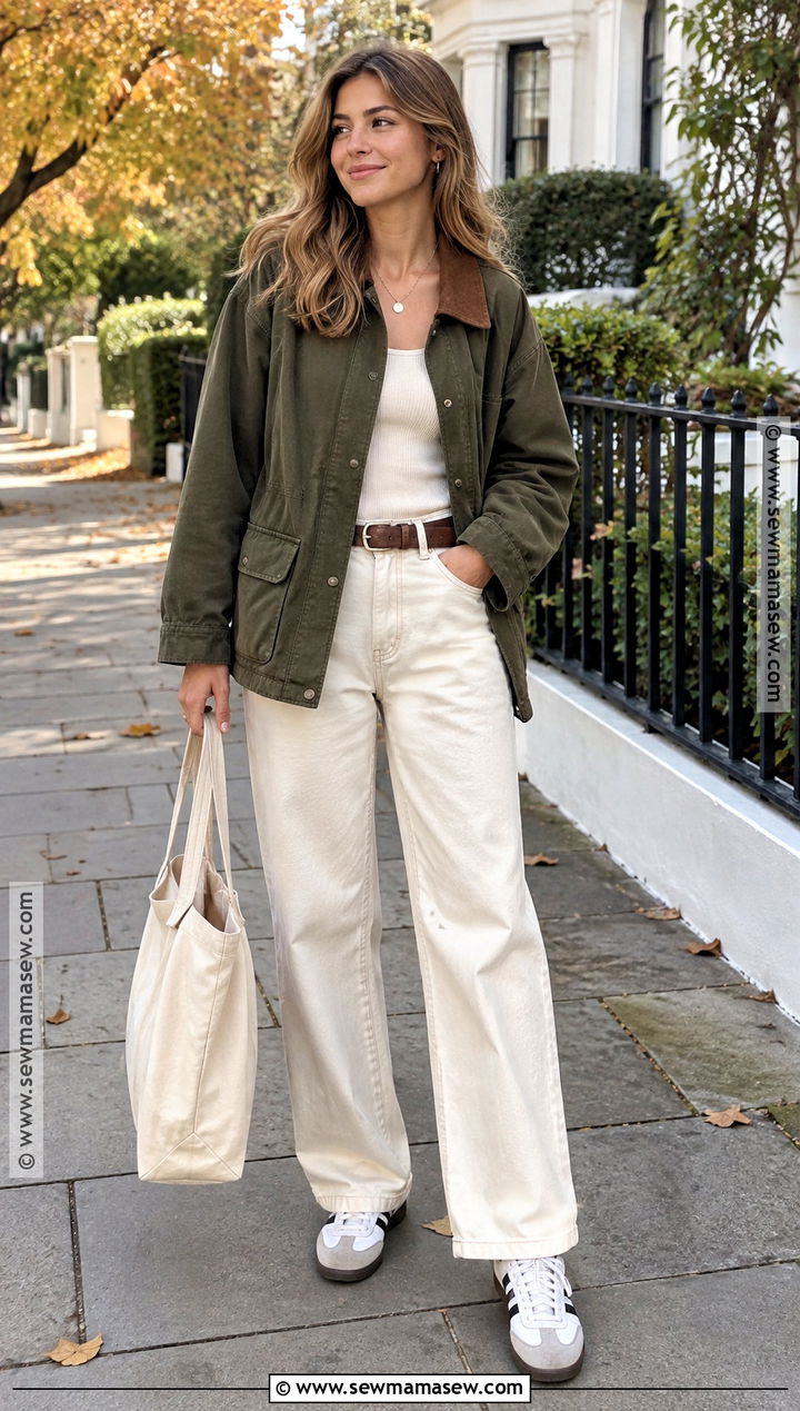 Barn Jacket Tank Top And Ecru Pants Fall Outfit - 20 Outfits For Warm Fall Days