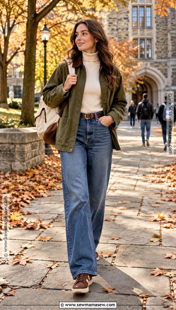 Barn Jacket Turtleneck And Wide Leg Jeans Campus Outfit - 15 autumn campus outfits