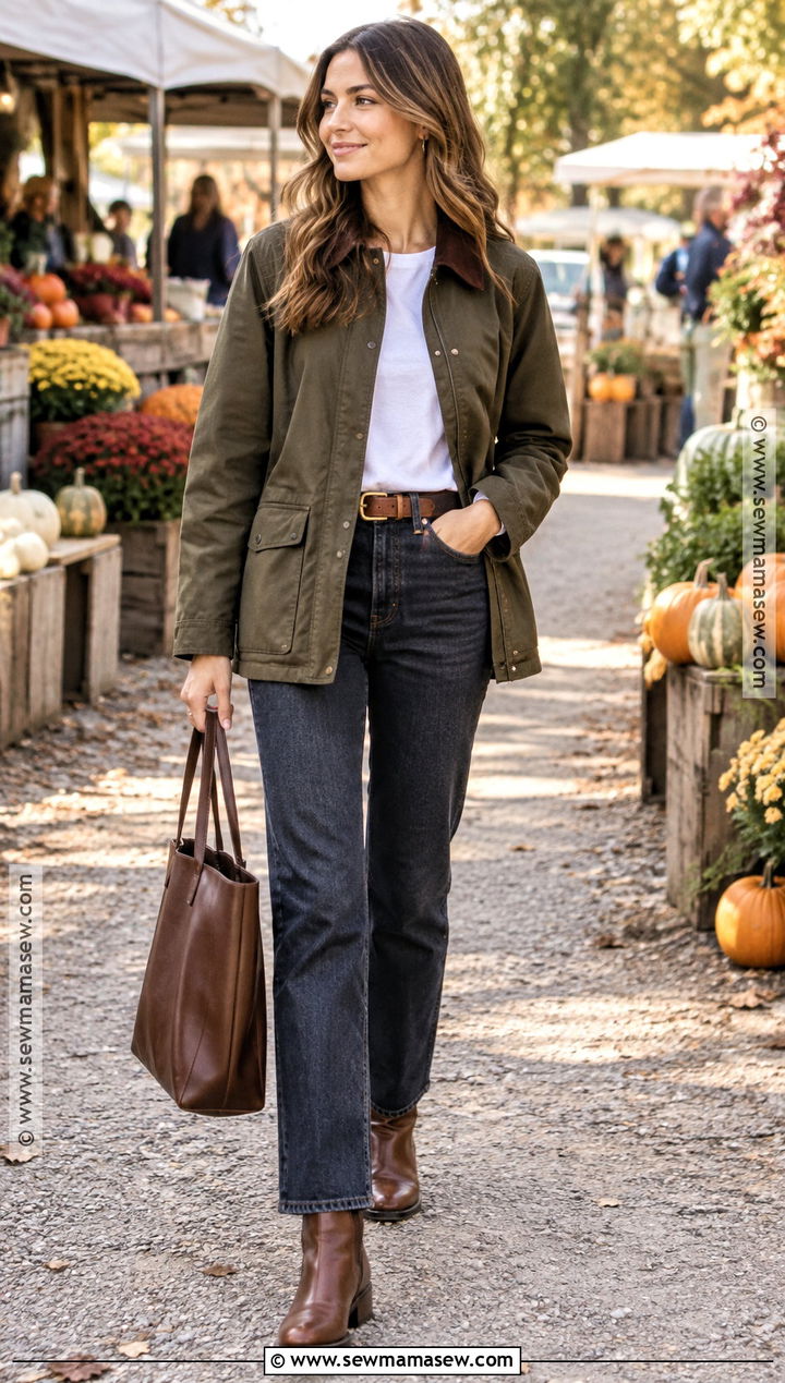 Barn Jacket White Tee and Dark Jeans Fall Outfit - 15 Put Together Fall Outfits