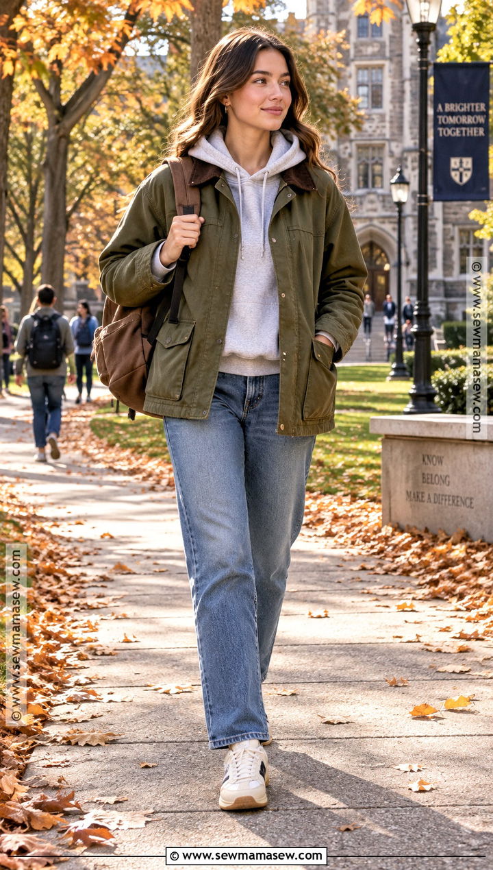Barn Jacket With A Hoodie And Straight Jeans - 15 comfy fall college outfits
