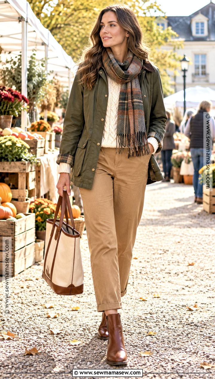 Barn Jacket With Cable Knit Sweater And Chinos - 20 Old Money Outfits For Fall