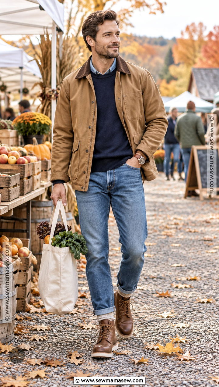 Barn Jacket With Crewneck Sweater And Jeans - 15 country fall outfits for men