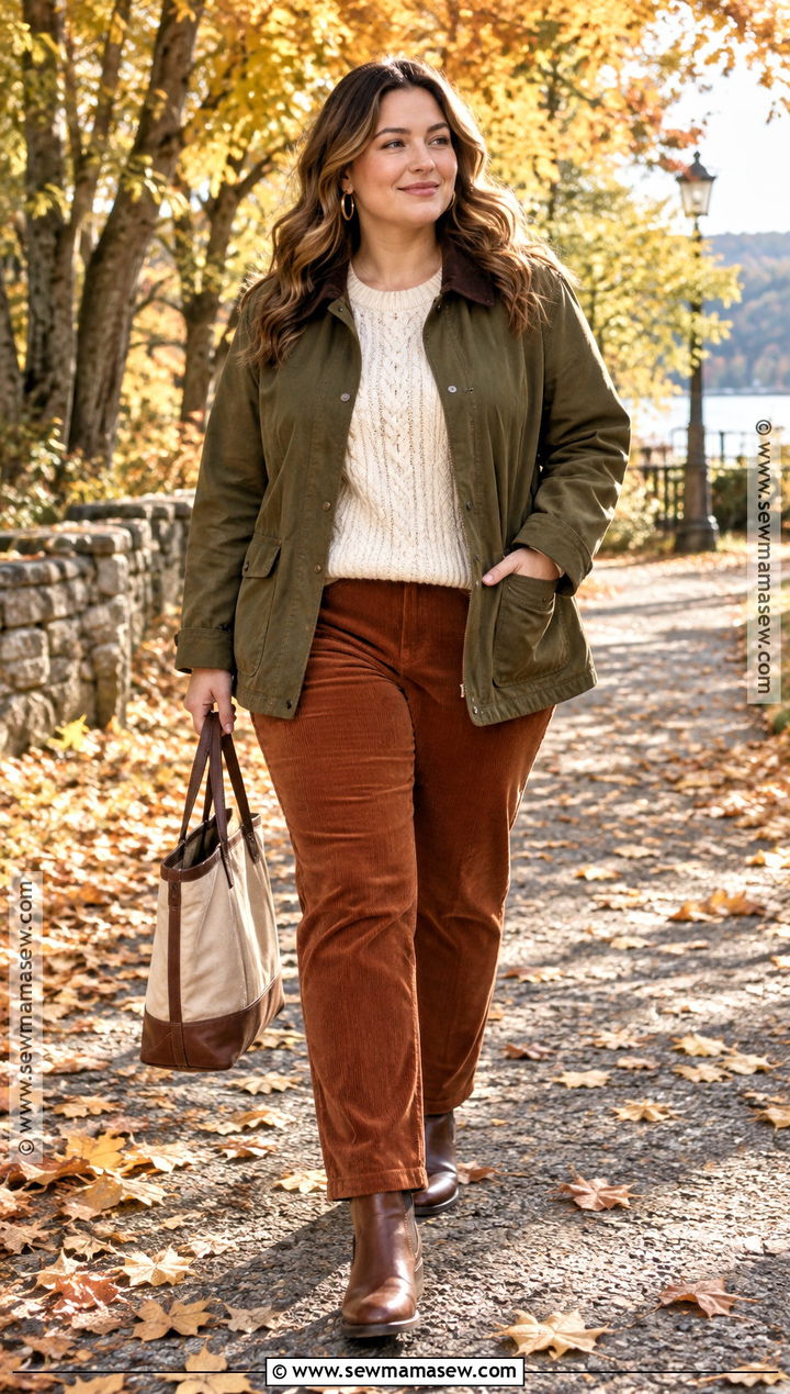 Barn Jacket With Knit Sweater and Corduroy Pants Fall Capsule Outfit - 25 fall winter capsule wardrobe ideas