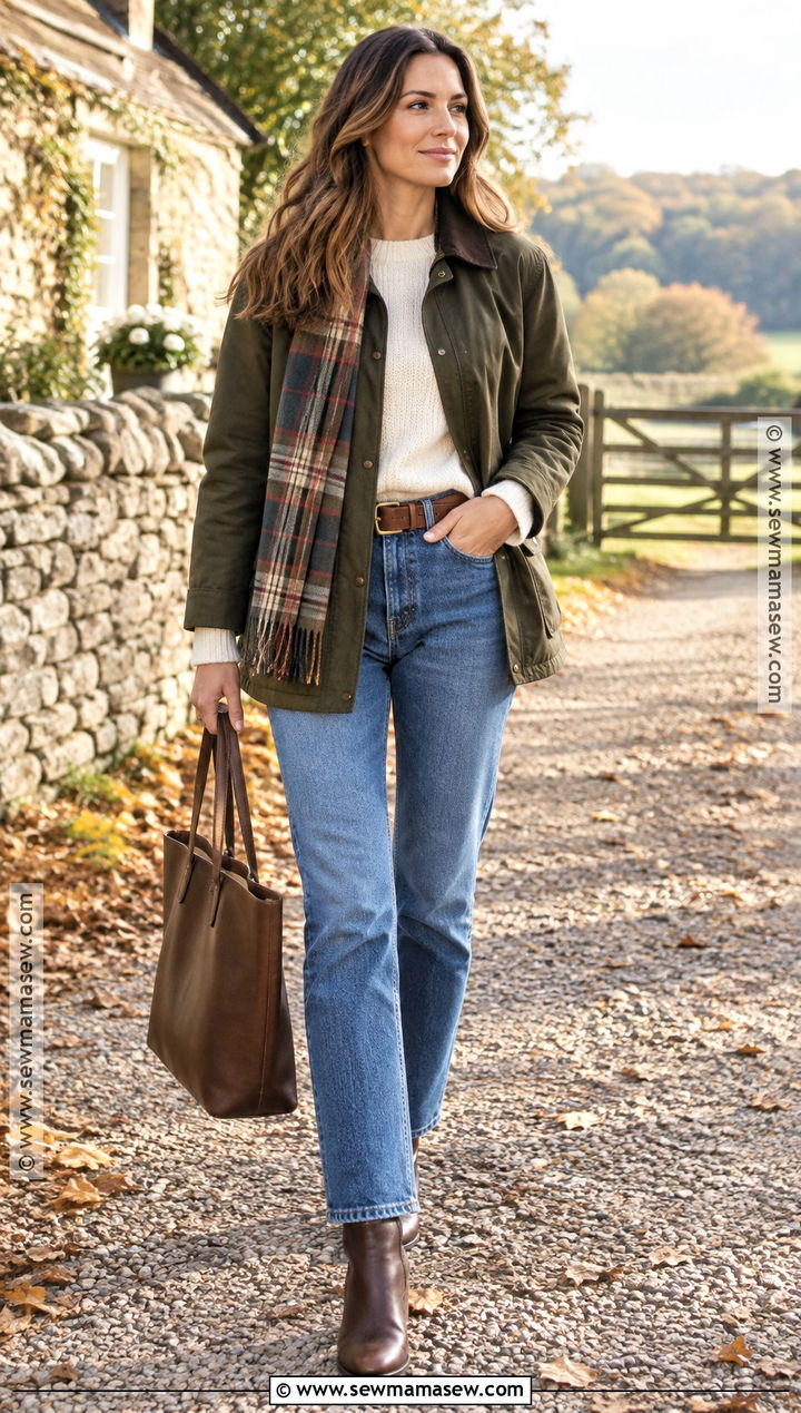 Barn Jacket With Knit Sweater and Straight Leg Jeans - 15 autumn winter capsule wardrobe ideas 2026