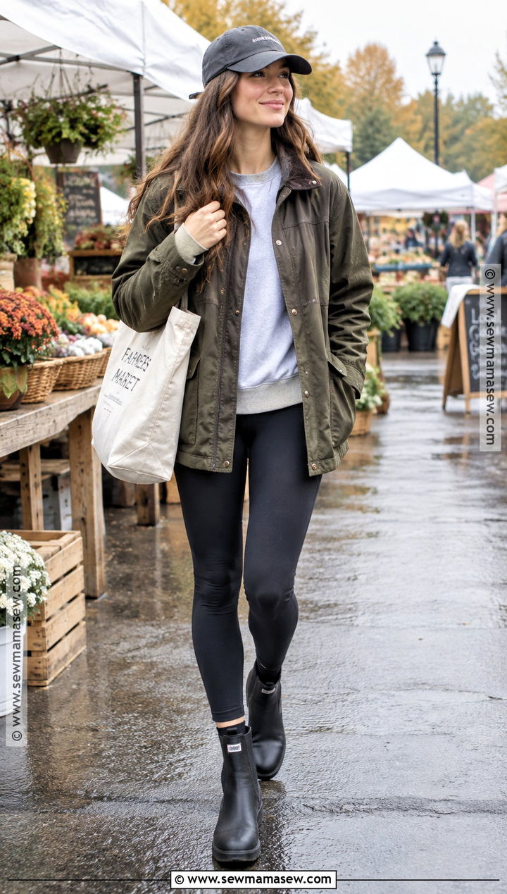Barn Jacket With Leggings And Chelsea Rain Boots - 15 Fall Fashion Rain Boot Ideas