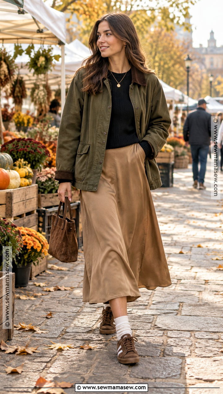 Barn Jacket With Midi Skirt And Ballet Sneakers - 15 fall fashion with sneakers