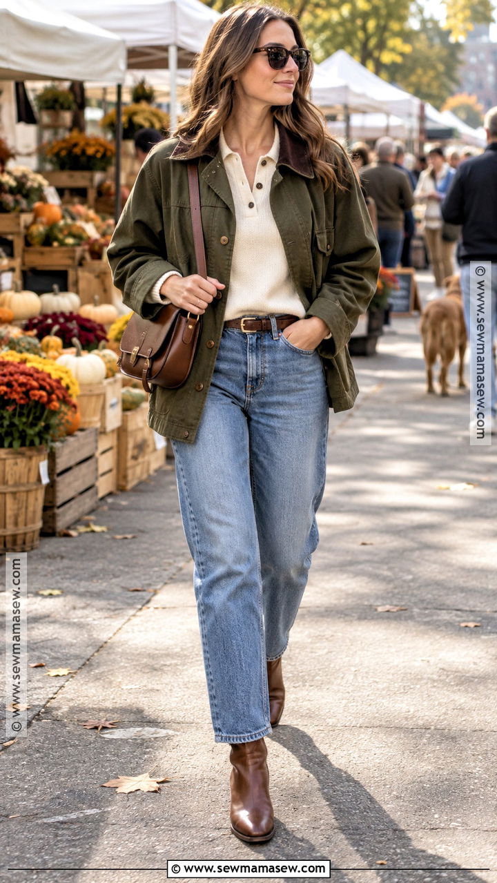 Barn Jacket With Polo Sweater And Relaxed Jeans - 20 capsule wardrobe fall winter ideas