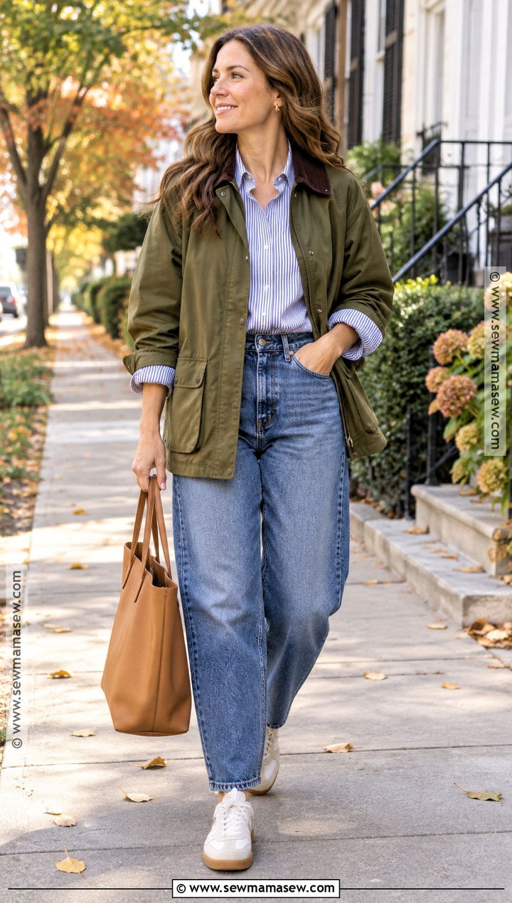 Barn Jacket With Striped Shirt And Barrel Jeans - 15 Women Over 25 Fall Outfits