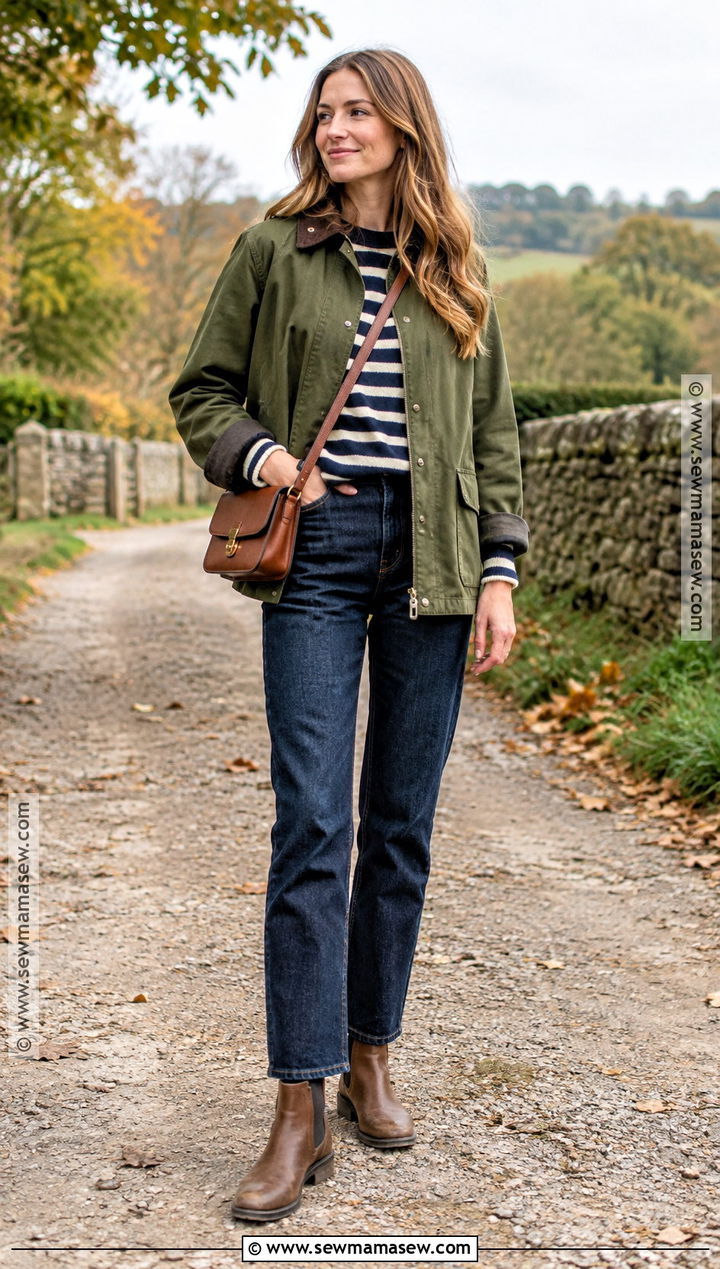 Barn Jacket With Striped Shirt And Dark Jeans - 25 autumn layering outfit ideas