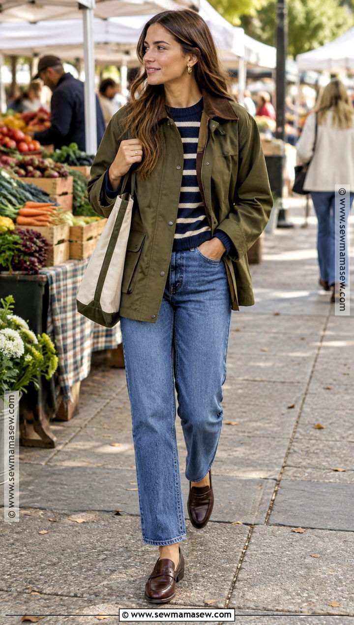 Barn Jacket With Striped Sweater And Relaxed Jeans - 15 ladies fall fashion ideas
